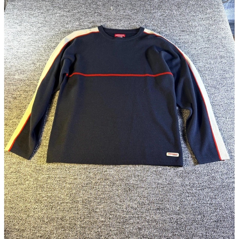Unionbay Sweater Mens Large Navy Blue Striped Ribbed Trim Tight Knit Warm Winter